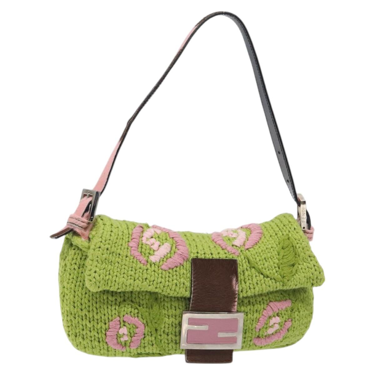 FENDI Mamma Baguette Shoulder Bag Wool Green Silver Auth 119238SV