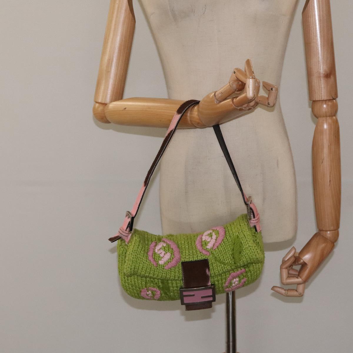 FENDI Mamma Baguette Shoulder Bag Wool Green Silver Auth 119238SV