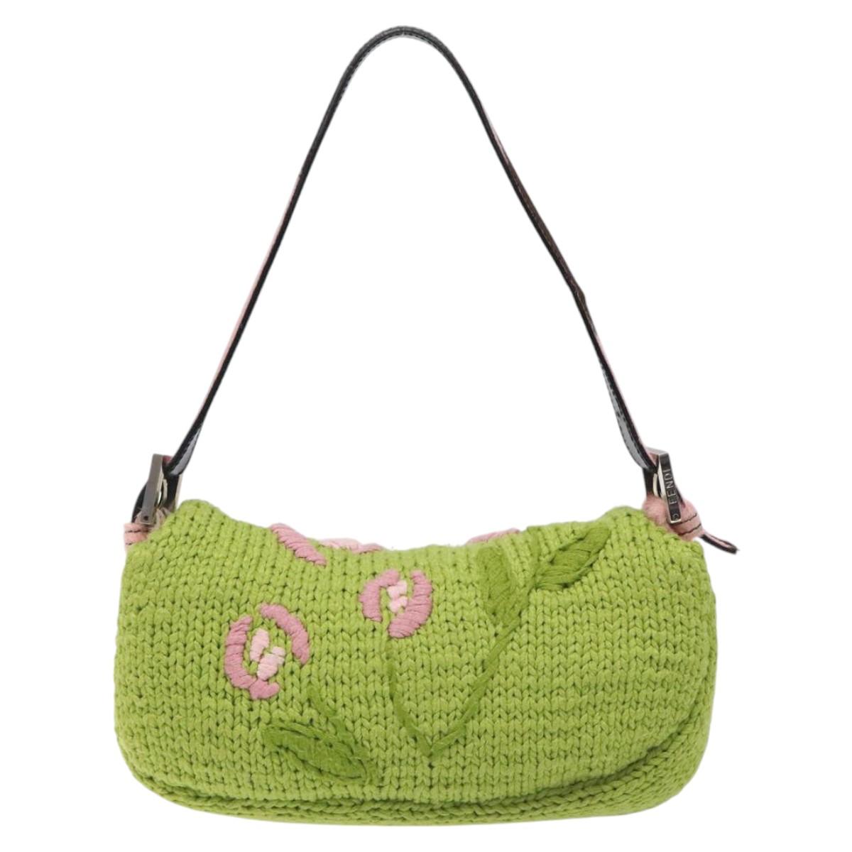FENDI Mamma Baguette Shoulder Bag Wool Green Silver Auth 119238SV