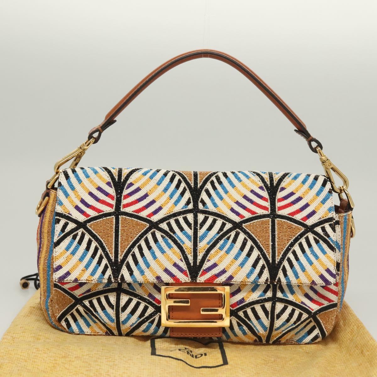 FENDI Mamma Baguette Shoulder Bag beads Beige Gold Auth 119241SV