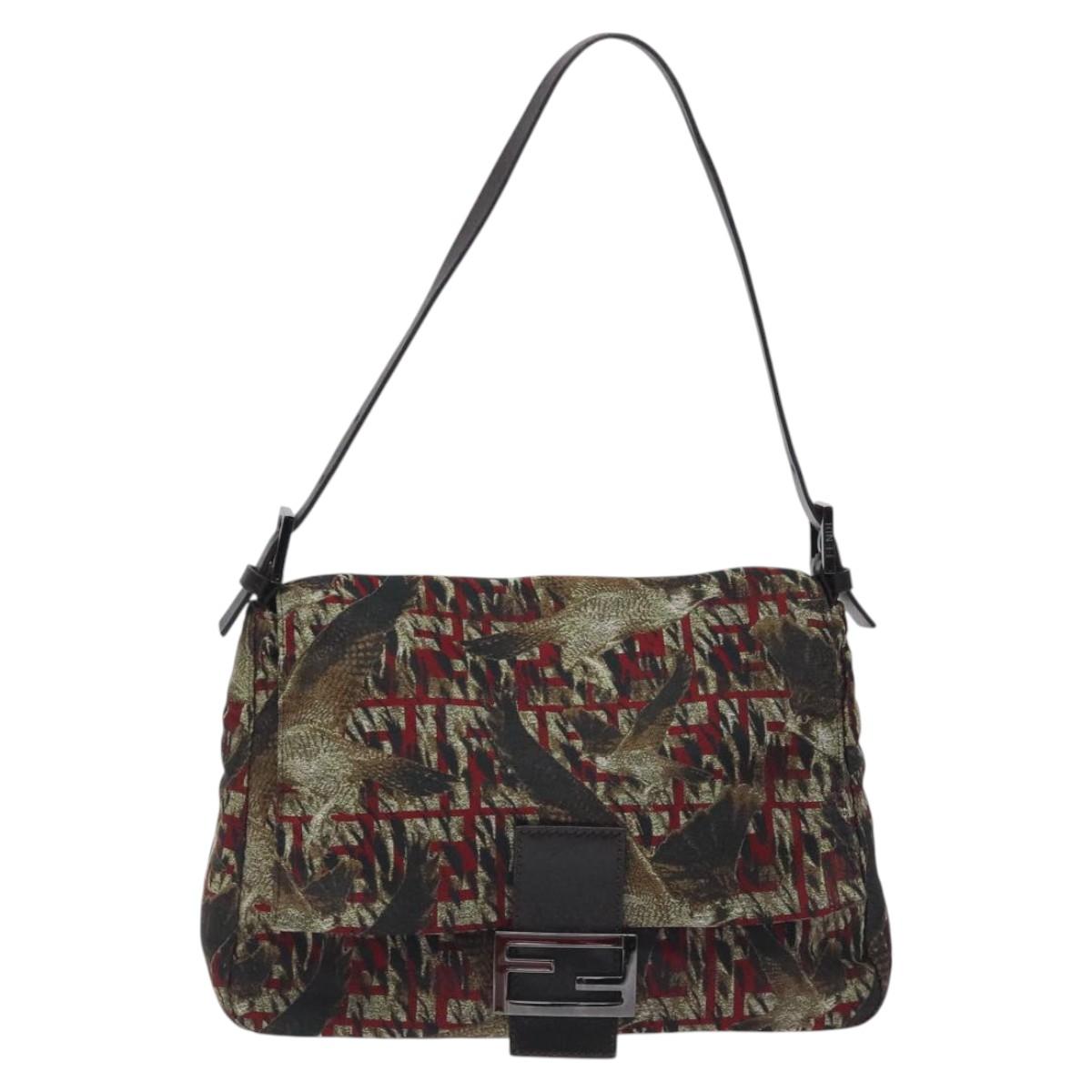 FENDI Mamma Baguette Shoulder Bag Nylon Brown Silver Auth 119242V