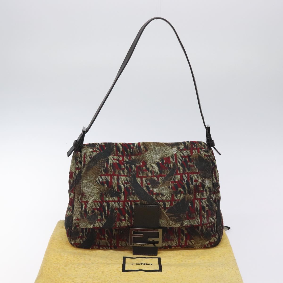 FENDI Mamma Baguette Shoulder Bag Nylon Brown Silver Auth 119242V