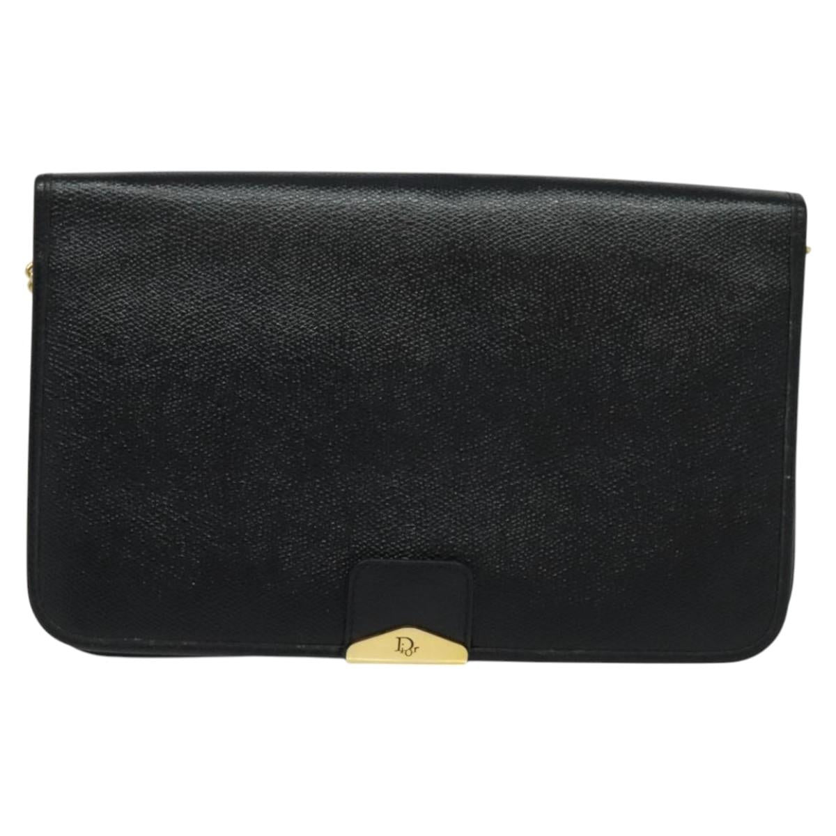 Christian Dior Chain Shoulder Bag Leather Navy Gold Auth 119333