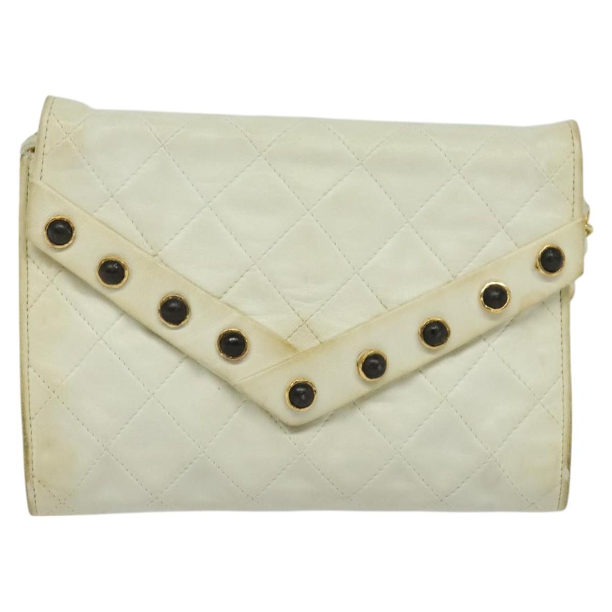 CHANEL Matelasse Chain Shoulder Bag Lamb Skin White CC Auth 119388