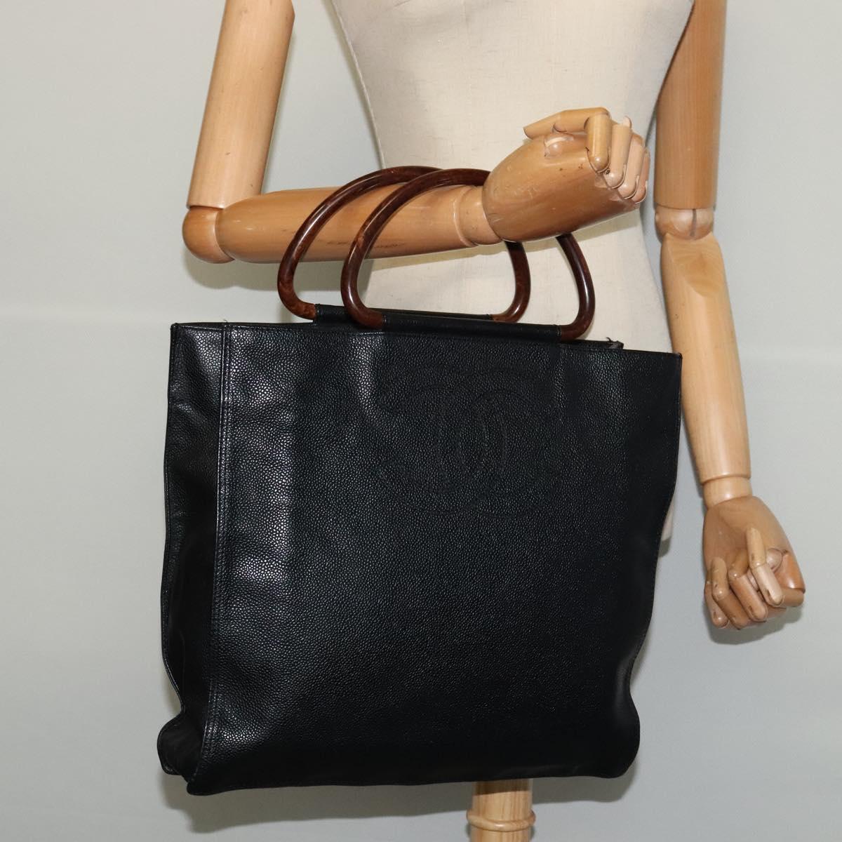 CHANEL COCO Mark Hand Bag Calf Skin Black Gold CC Auth 119391