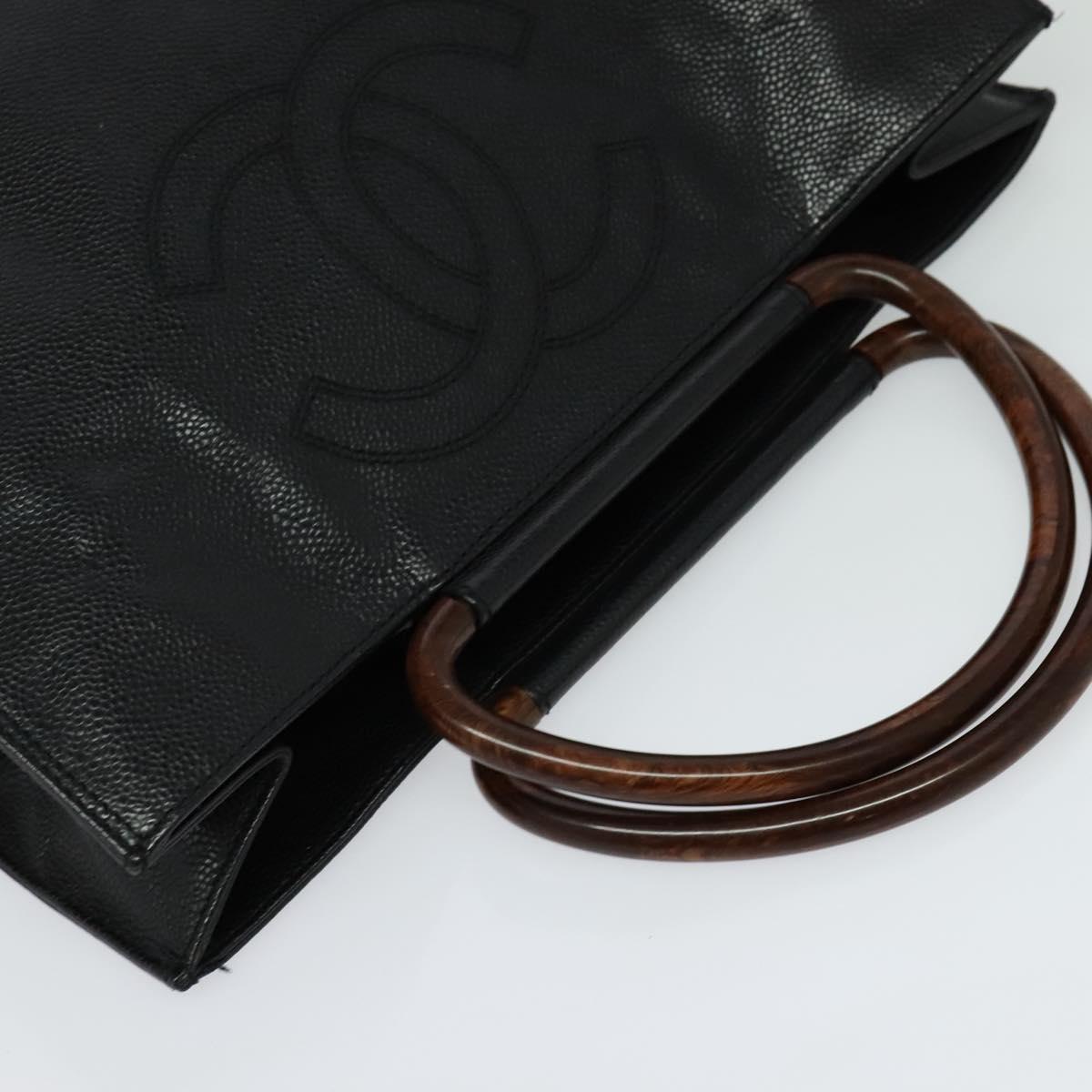 CHANEL COCO Mark Hand Bag Calf Skin Black Gold CC Auth 119391