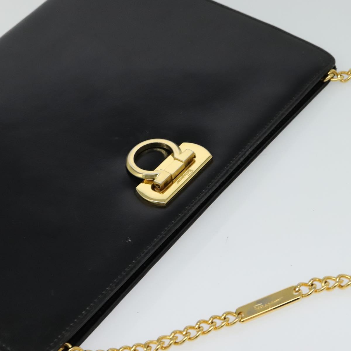 Salvatore Ferragamo Gancini Chain Shoulder Bag Leather Black Gold Auth 119395