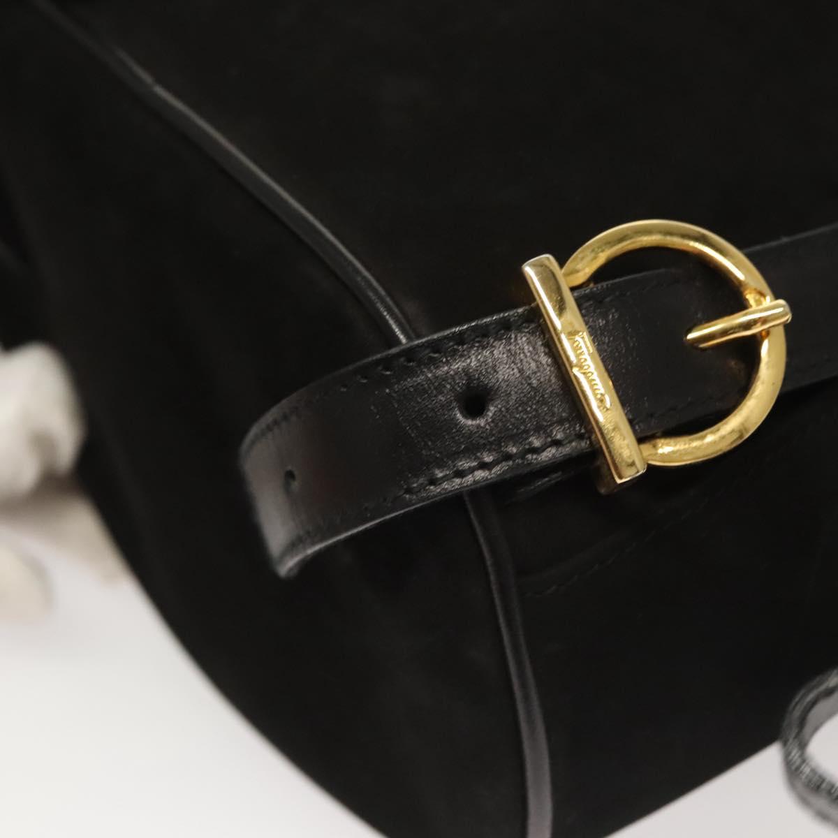Salvatore Ferragamo Gancini Backpack Suede Black Gold Auth 119454