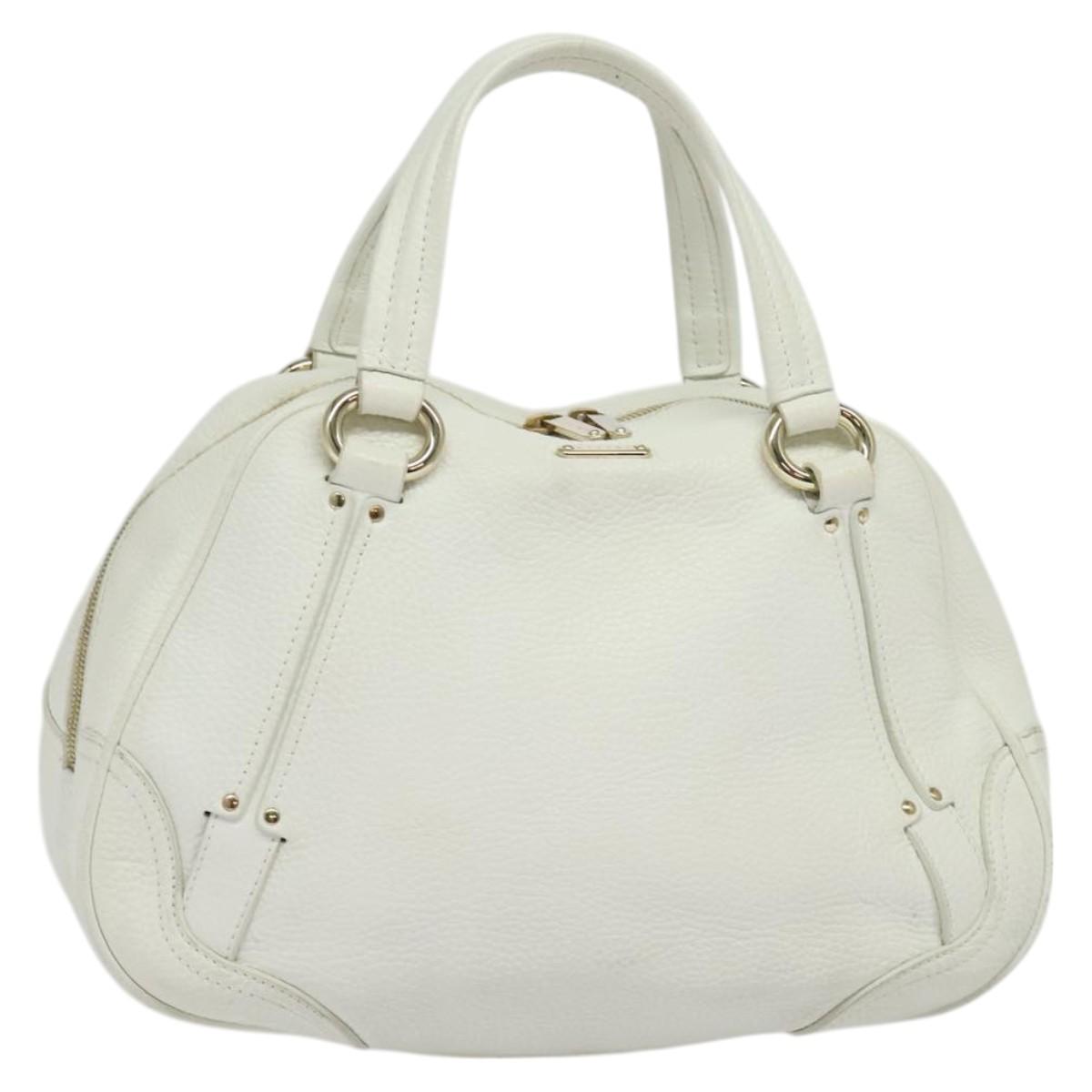 CELINE Hand Bag Leather White Gold Auth 119467