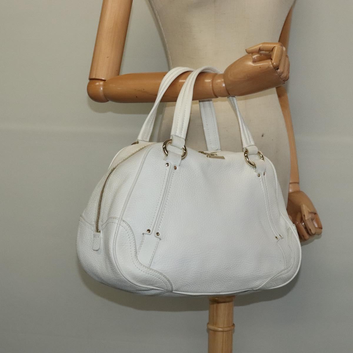 CELINE Hand Bag Leather White Gold Auth 119467