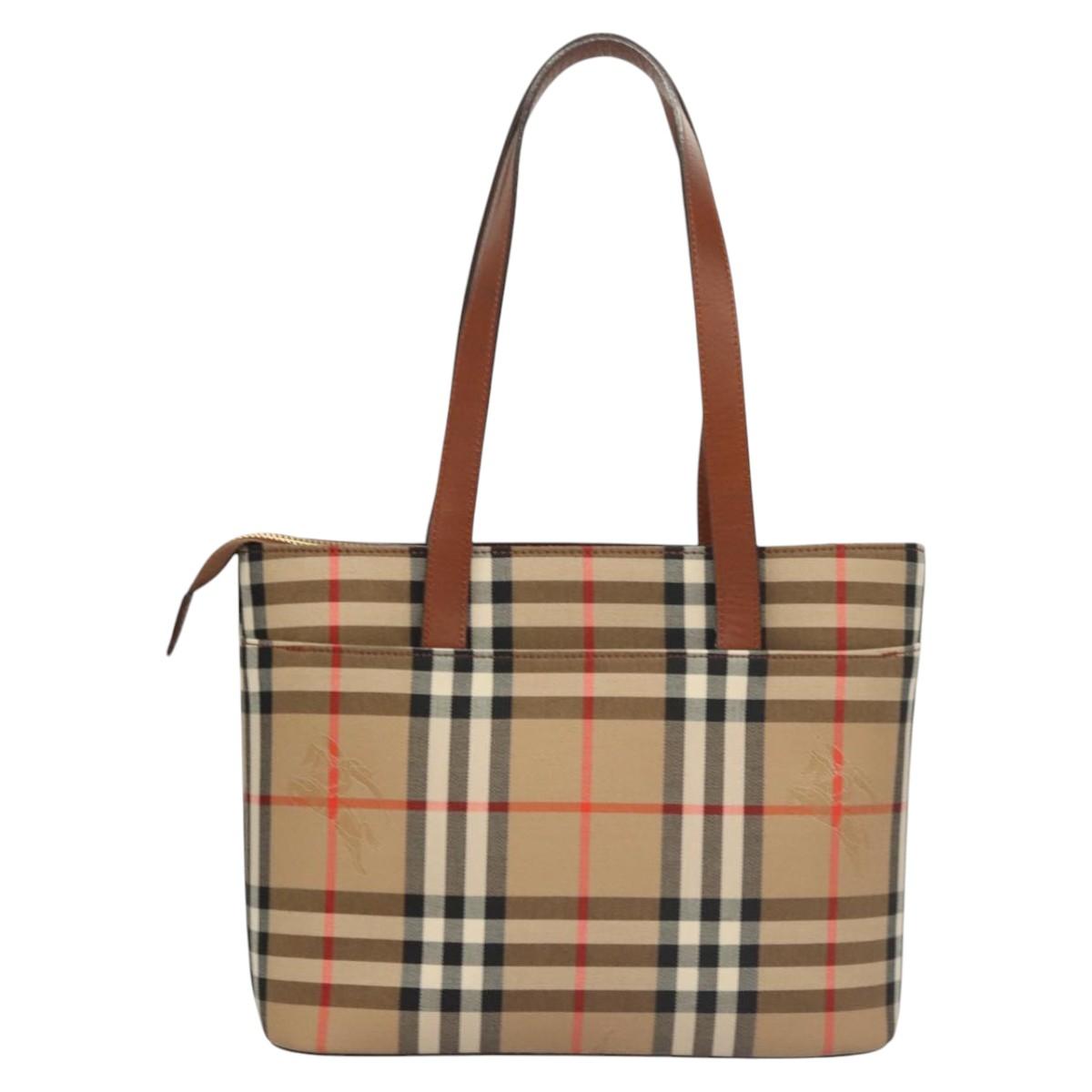 BURBERRY Nova Check Tote Bag Canvas Beige Gold Auth 119569