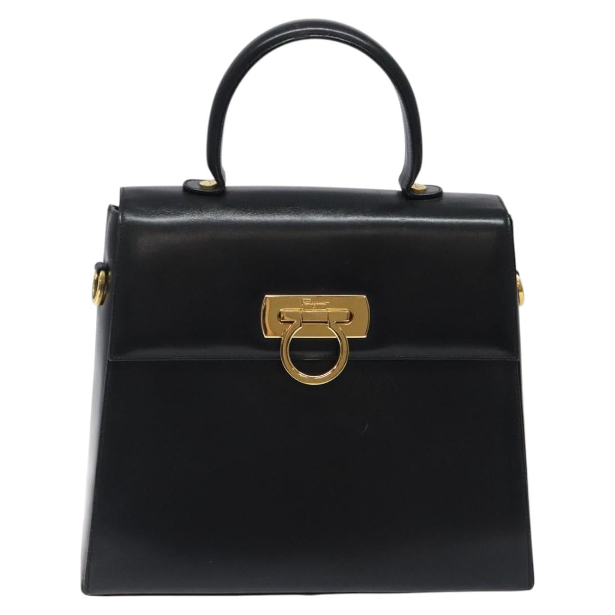 Salvatore Ferragamo Gancini Hand Bag Leather 2way Black Gold Auth 119596