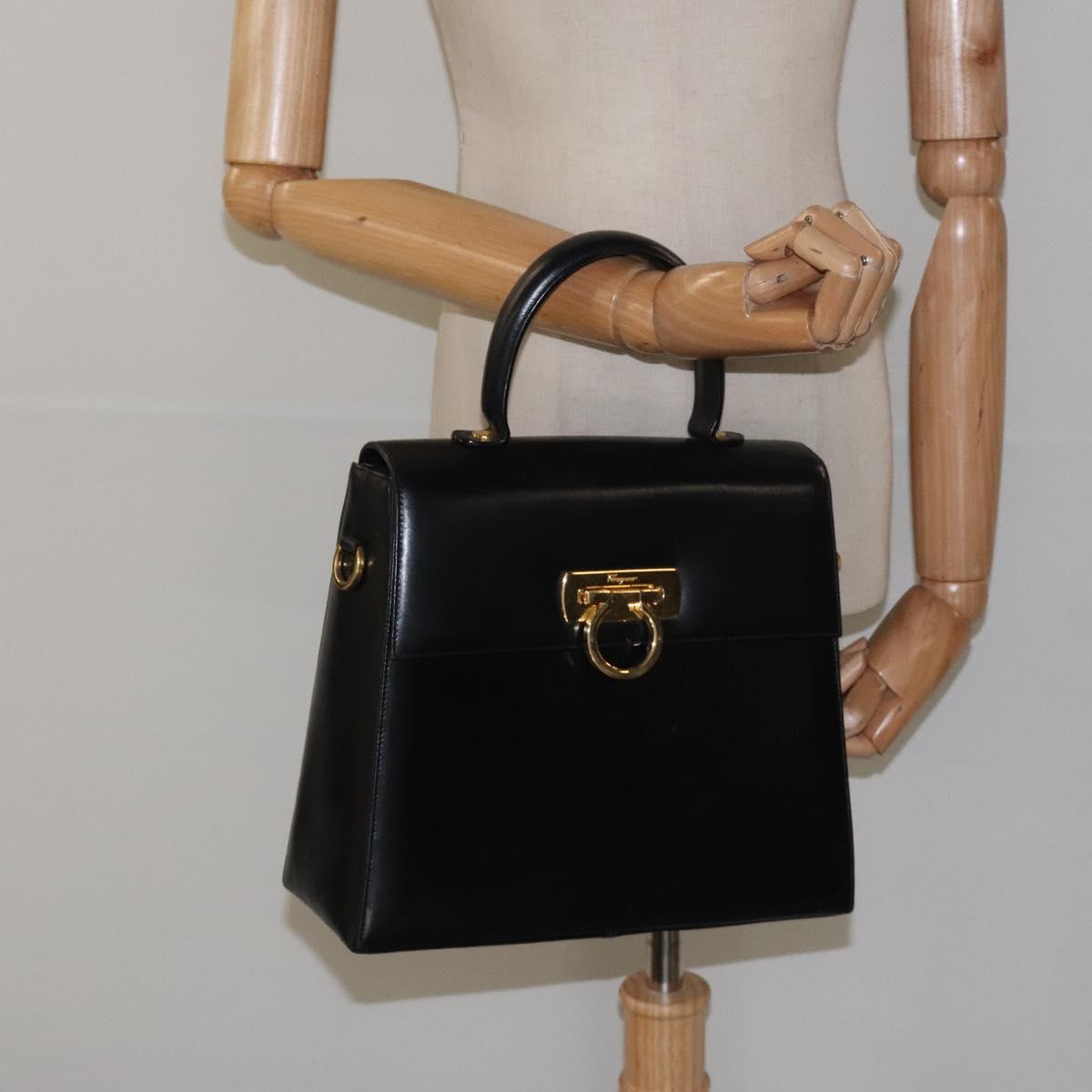 Salvatore Ferragamo Gancini Hand Bag Leather 2way Black Gold Auth 119596