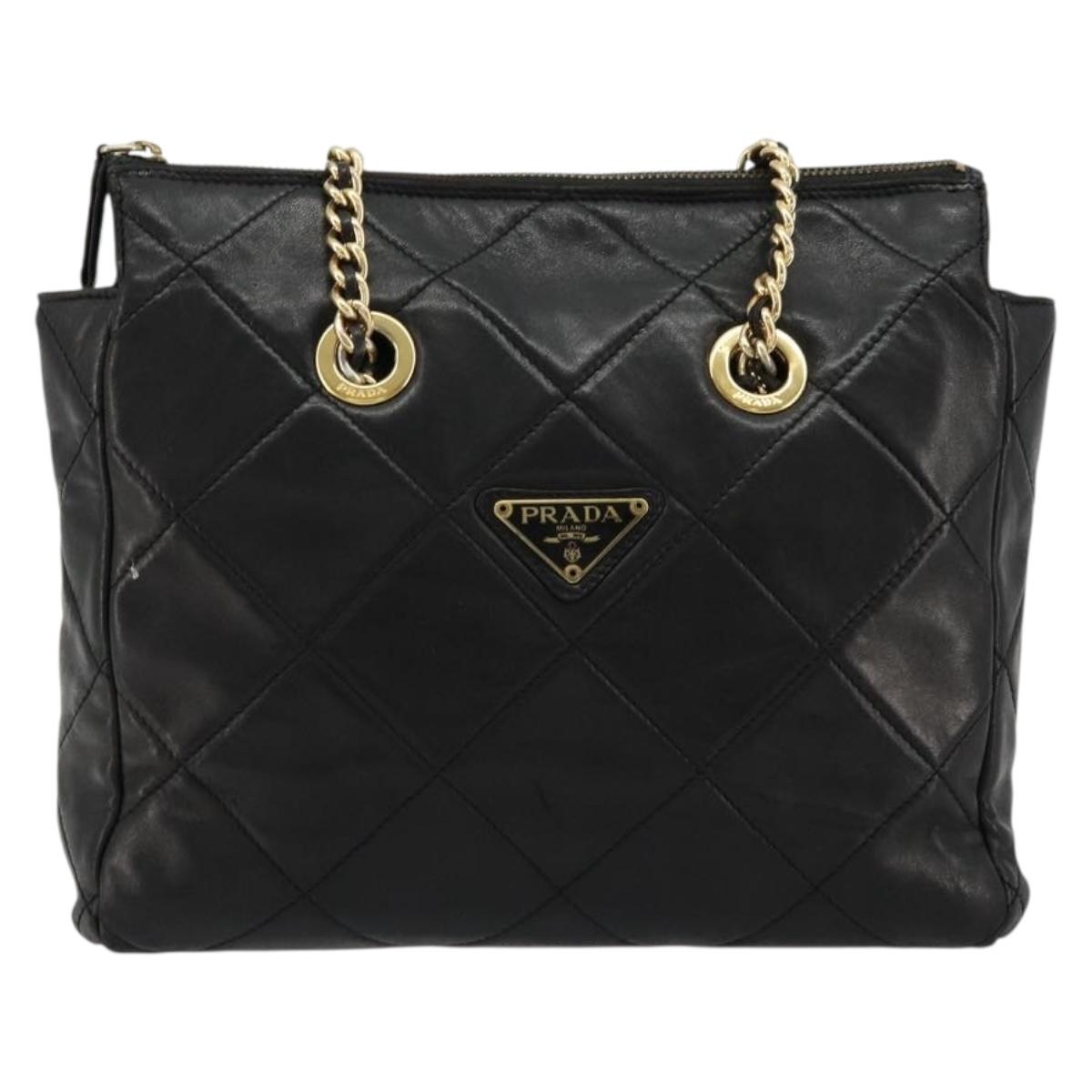 PRADA Quilted Chain Shoulder Bag Lamb Skin Black Gold Auth 119692