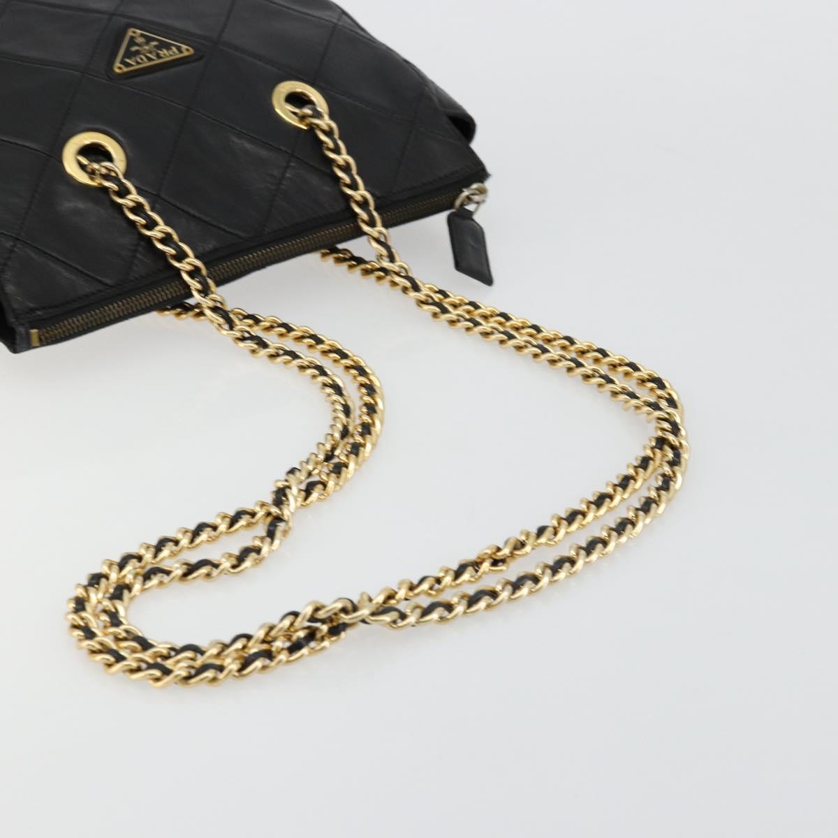 PRADA Quilted Chain Shoulder Bag Lamb Skin Black Gold Auth 119692