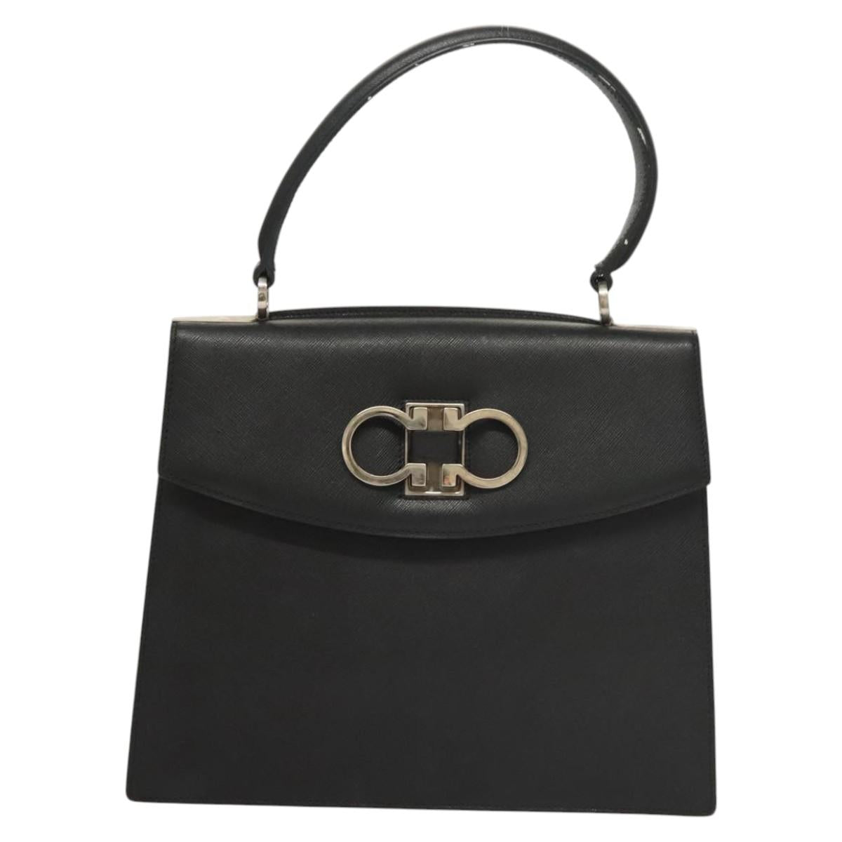 Salvatore Ferragamo Gancini Hand Bag Leather Black Silver Auth 119734