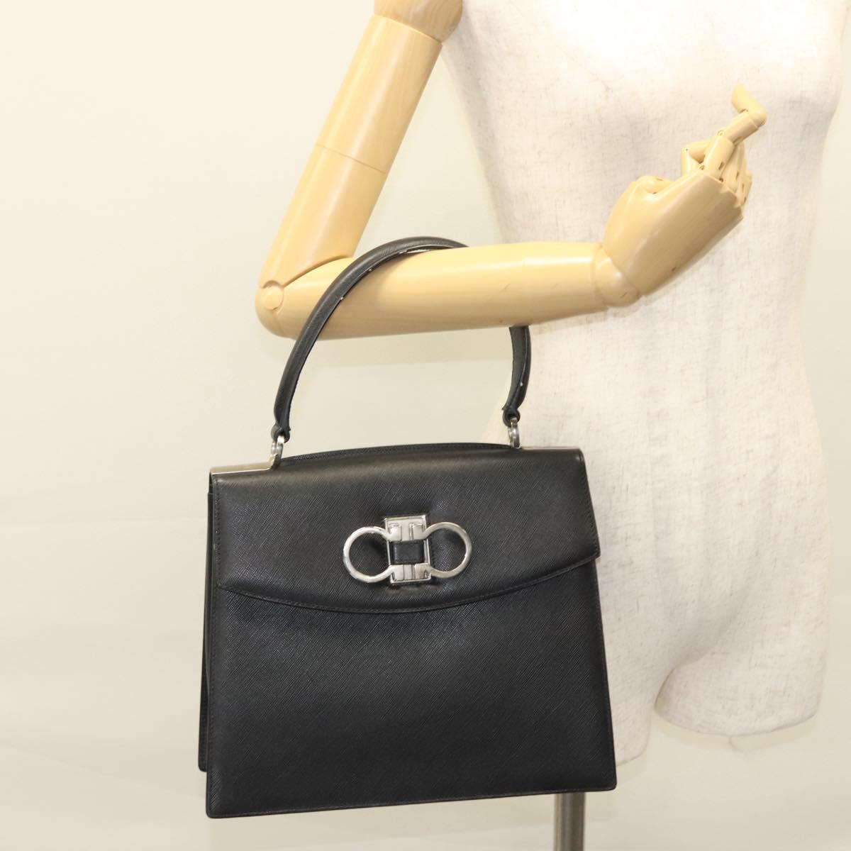 Salvatore Ferragamo Gancini Hand Bag Leather Black Silver Auth 119734