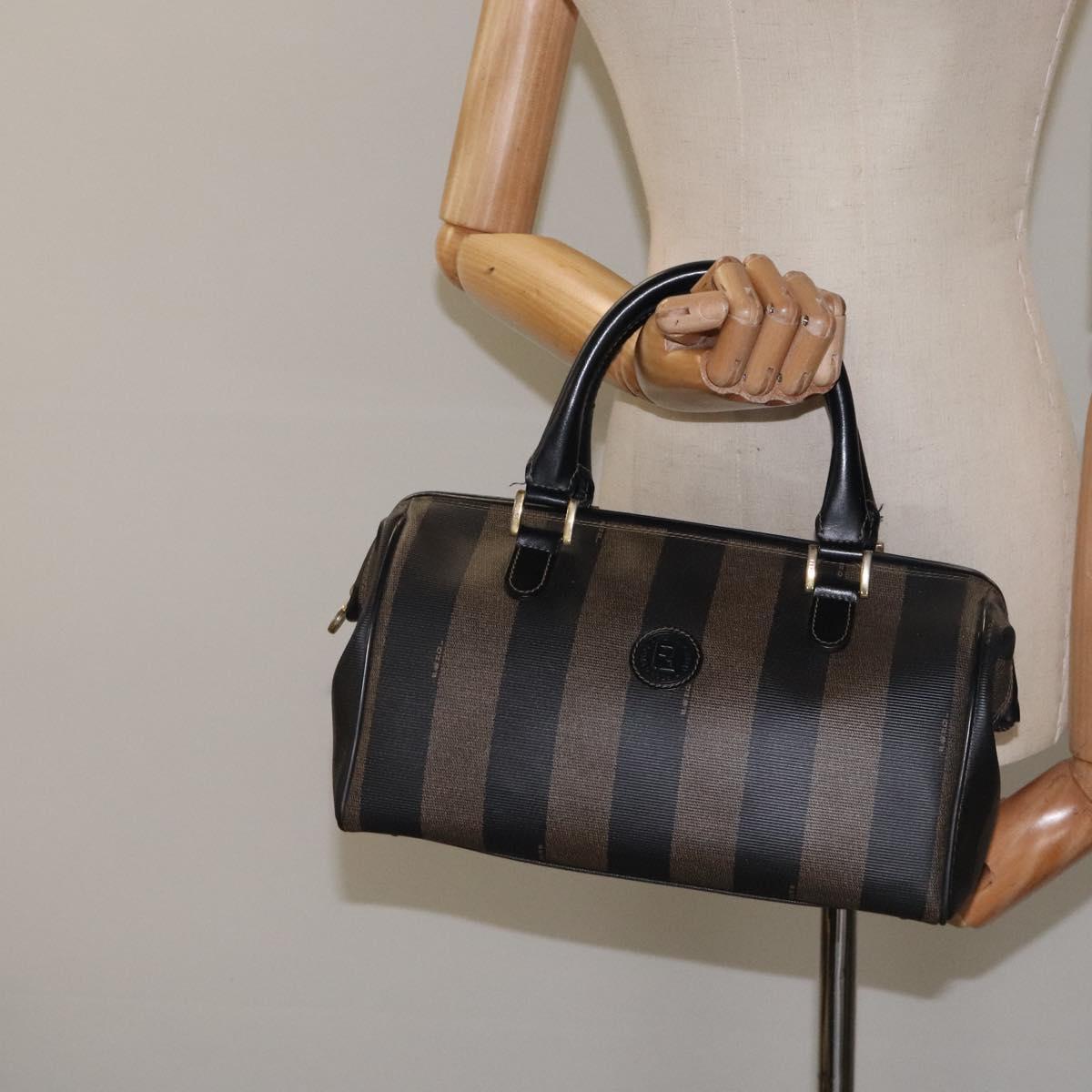 FENDI Pecan Canvas Hand Bag PVC Brown Gold Auth 119823