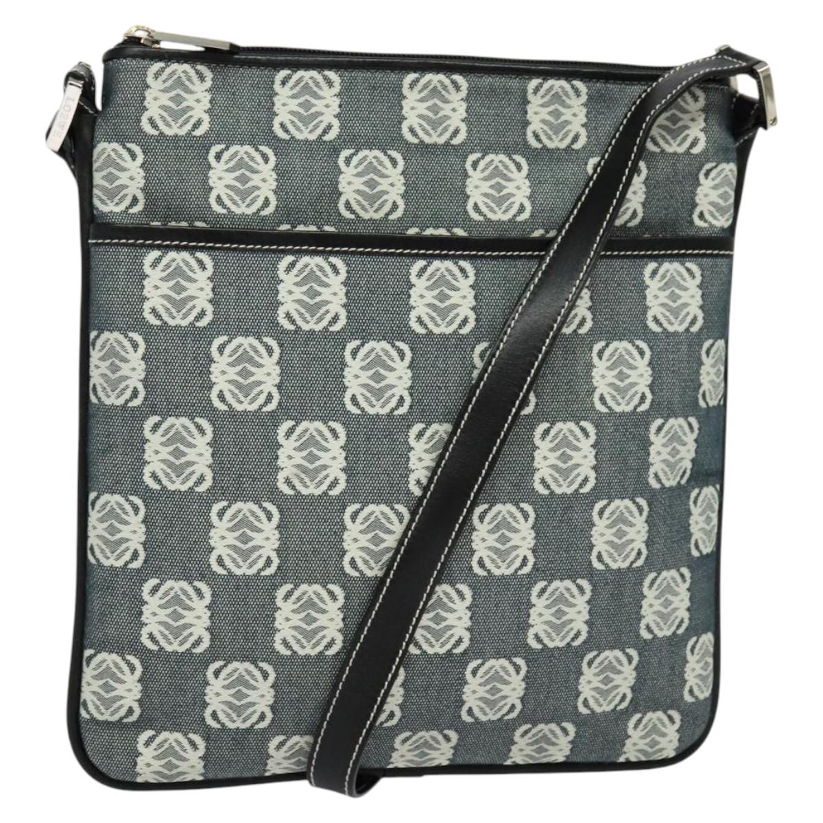 LOEWE Anagram Shoulder Bag Canvas Leather Gray Black Silver Auth 119873