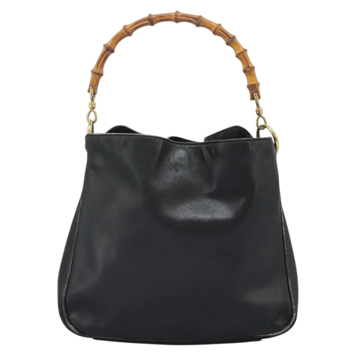 GUCCI Bamboo Shoulder Bag Leather 2way Black Gold 001 3754 1638 Auth 119968