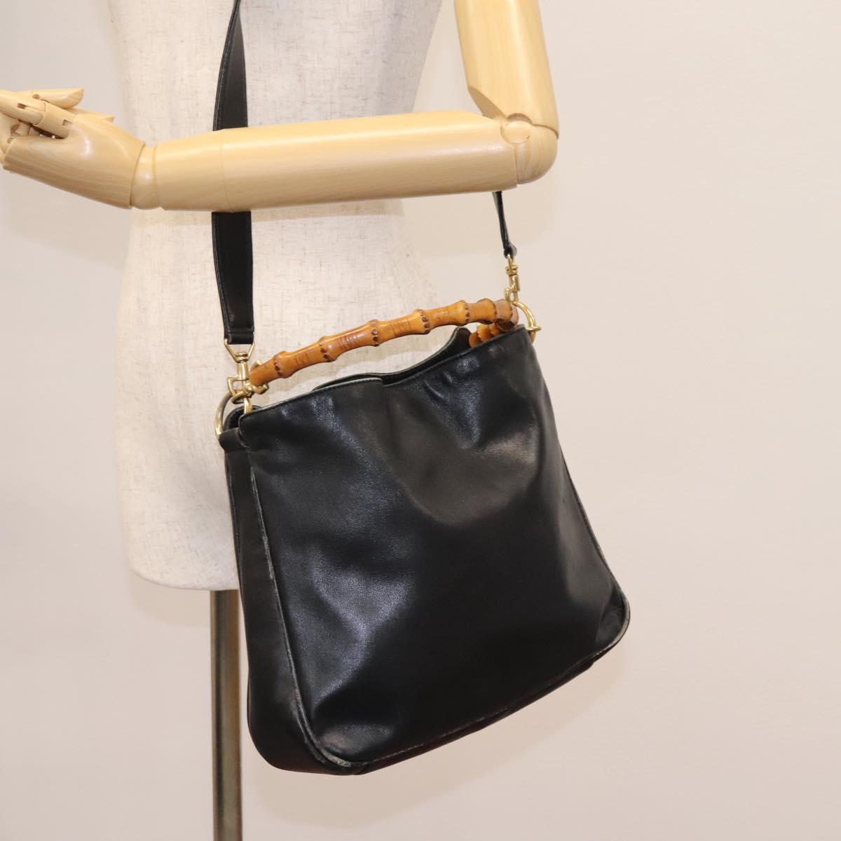GUCCI Bamboo Shoulder Bag Leather 2way Black Gold 001 3754 1638 Auth 119968