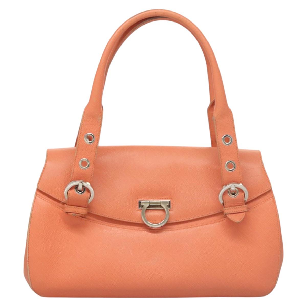 Salvatore Ferragamo Gancini Hand Bag Leather Orange Silver Auth 119985