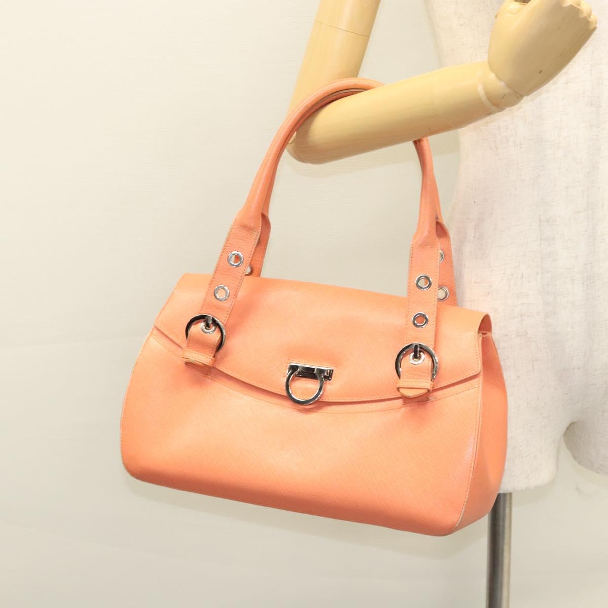 Salvatore Ferragamo Gancini Hand Bag Leather Orange Silver Auth 119985