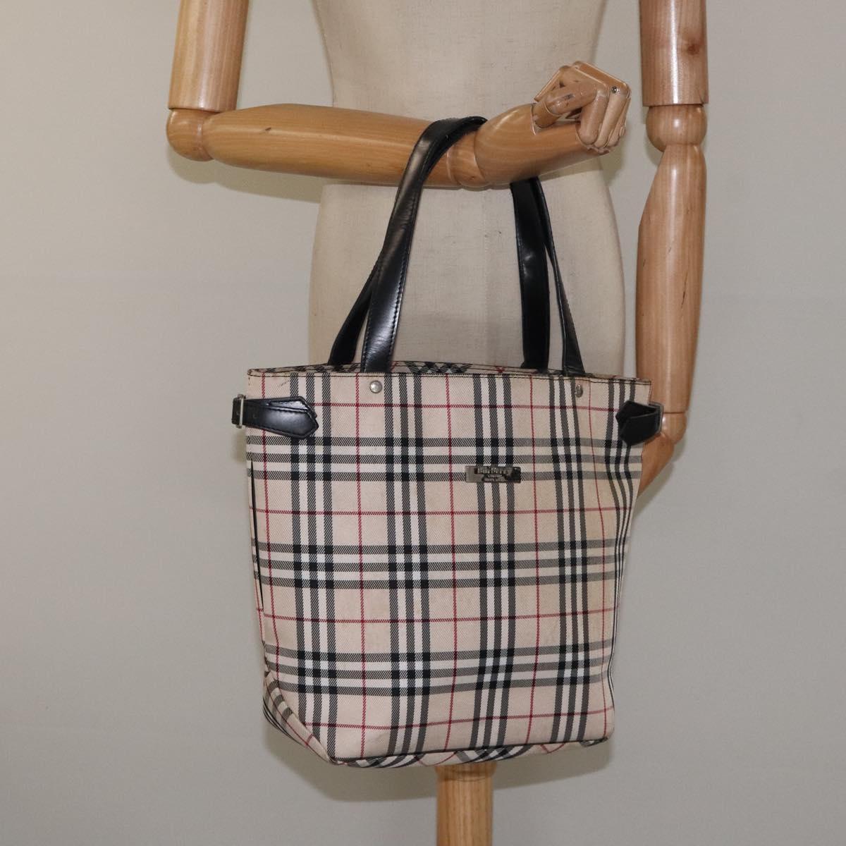BURBERRY Nova Check Blue Label Tote Bag Canvas Beige Silver Auth 119986