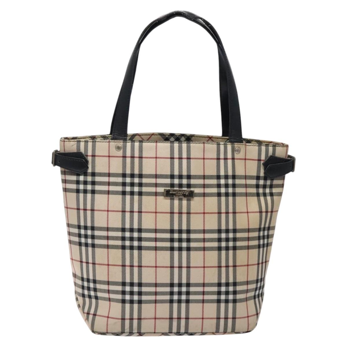 BURBERRY Nova Check Blue Label Tote Bag Canvas Beige Silver Auth 119986