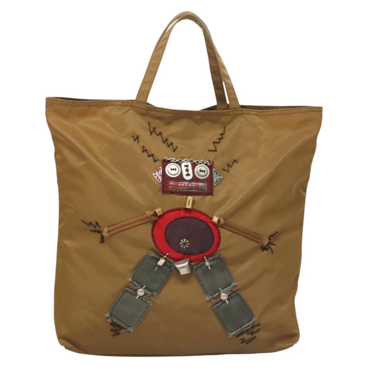 PRADA Tote Bag Nylon Khaki Silver Auth 120103