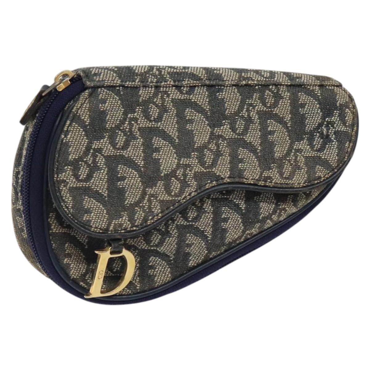 Christian Dior Trotter Canvas Saddle Pouch Navy Gold Auth 120108