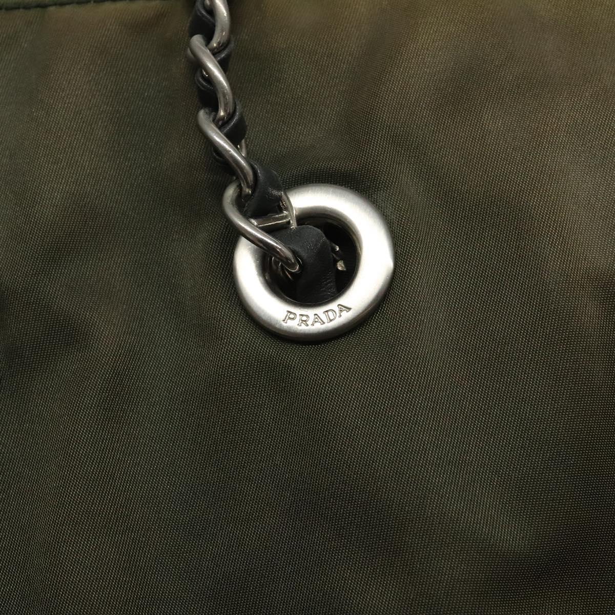 PRADA Chain Shoulder Bag Nylon Khaki Silver Auth 120140