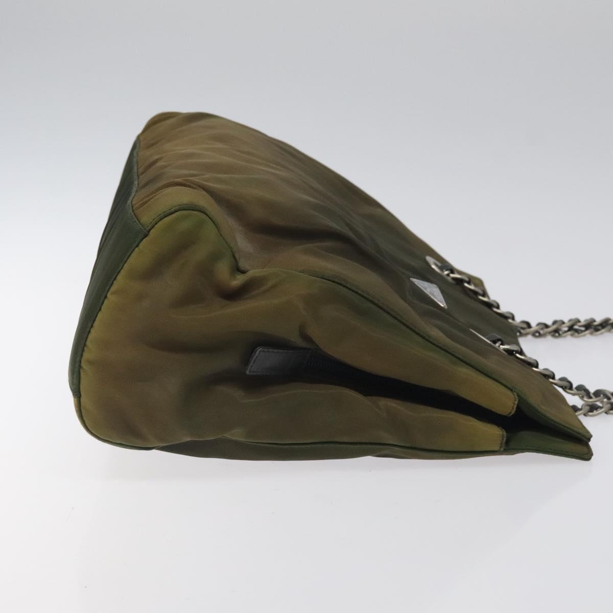 PRADA Chain Shoulder Bag Nylon Khaki Silver Auth 120140