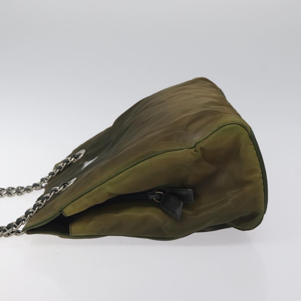 PRADA Chain Shoulder Bag Nylon Khaki Silver Auth 120140