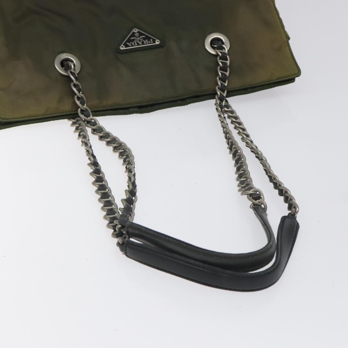 PRADA Chain Shoulder Bag Nylon Khaki Silver Auth 120140