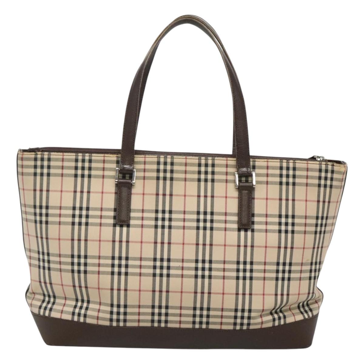 BURBERRY Nova Check Tote Bag Canvas Beige Silver Auth 120152