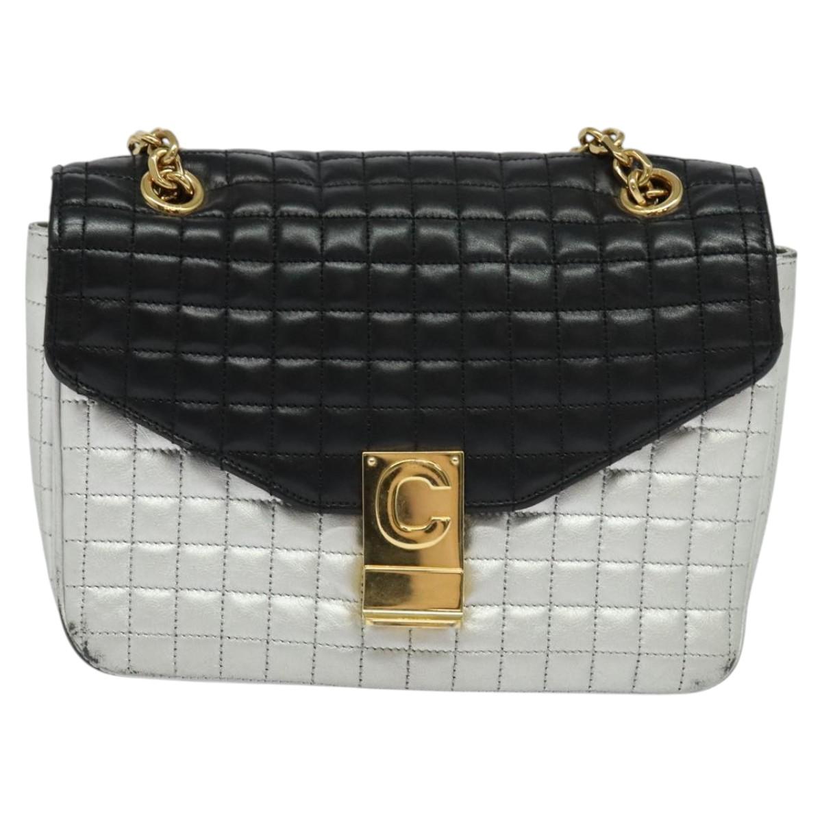 CELINE Chain Shoulder Bag Leather Silver Black gold Auth 120162
