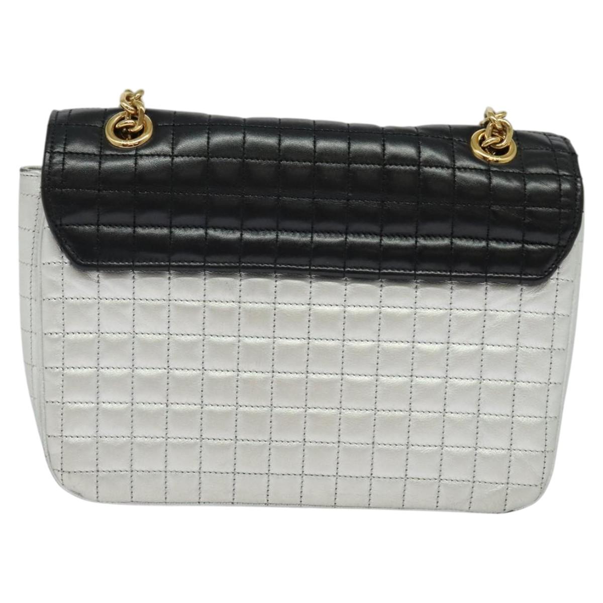 CELINE Chain Shoulder Bag Leather Silver Black gold Auth 120162