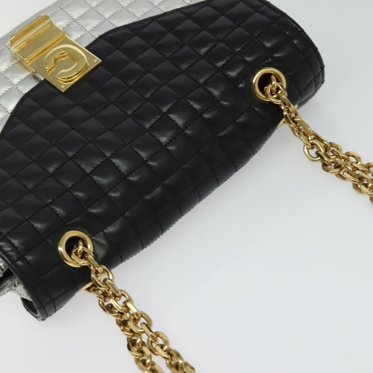 CELINE Chain Shoulder Bag Leather Silver Black gold Auth 120162