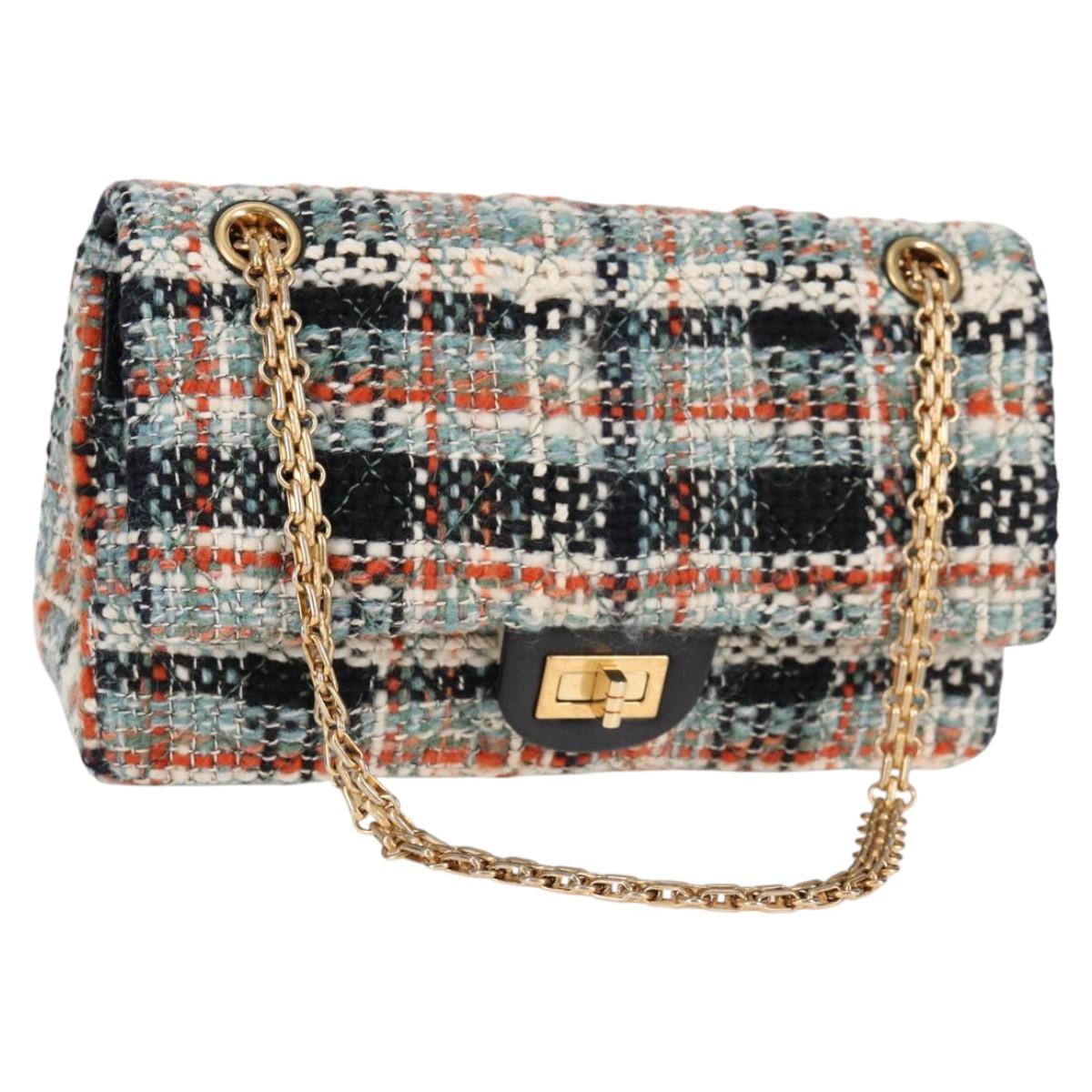 CHANEL Matelasse 23 Chain Shoulder Bag Tweed Light Blue Gold CC Auth 120174SM