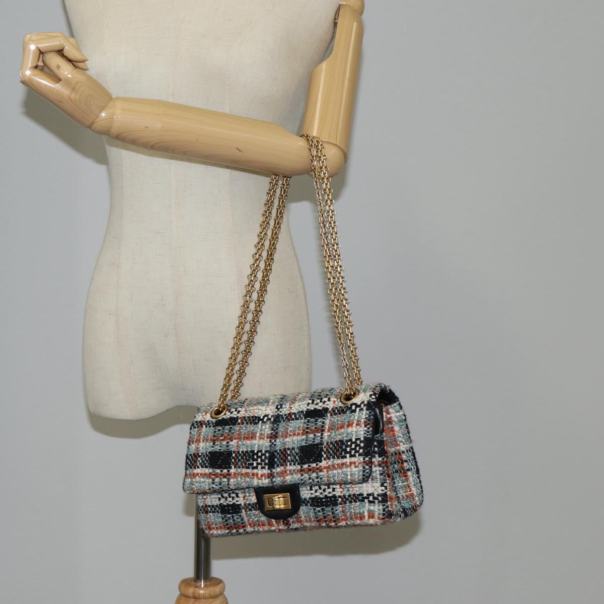 CHANEL Matelasse 23 Chain Shoulder Bag Tweed Light Blue Gold CC Auth 120174SM