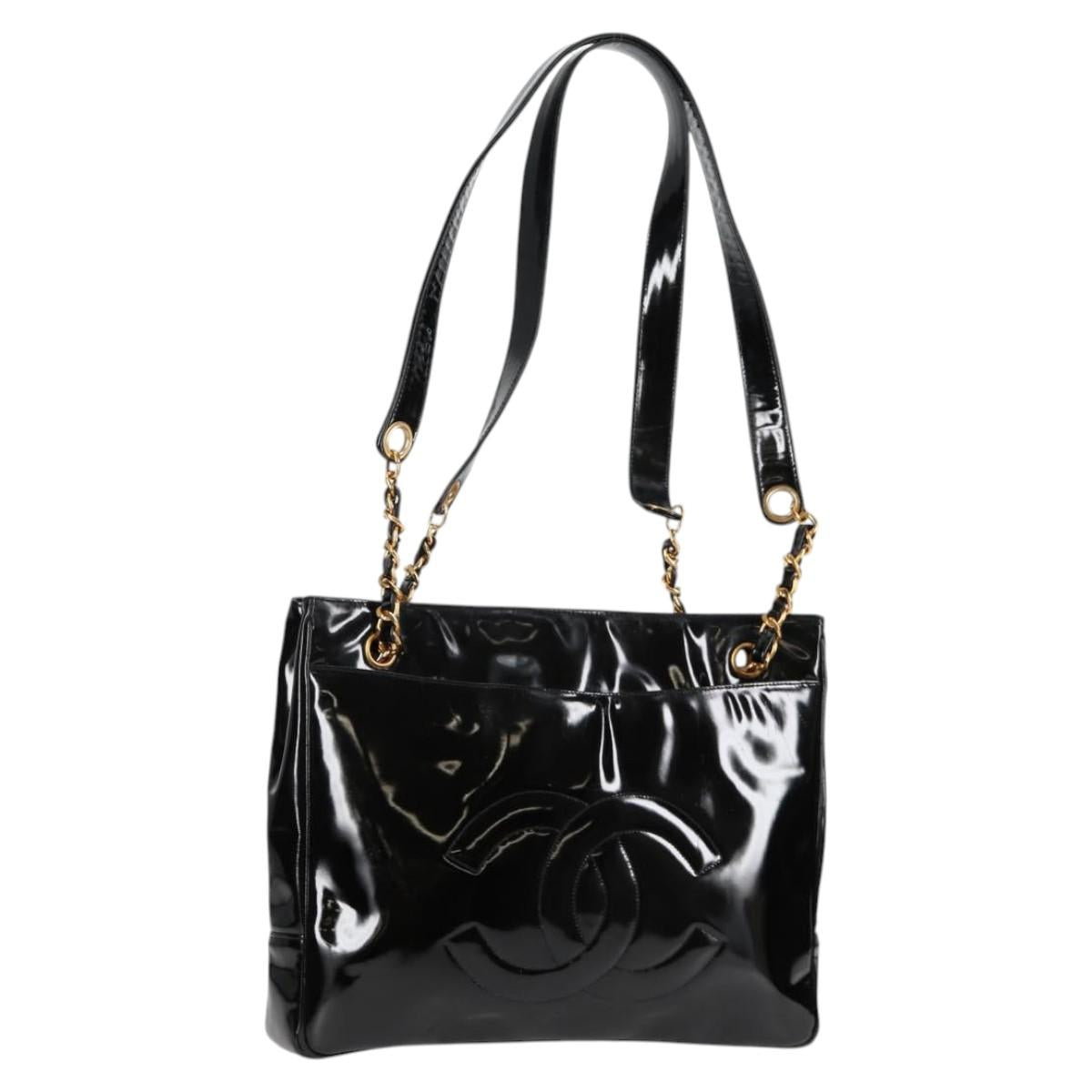 CHANEL Matelasse Tote Bag Patent leather Black Gold CC Auth 120184