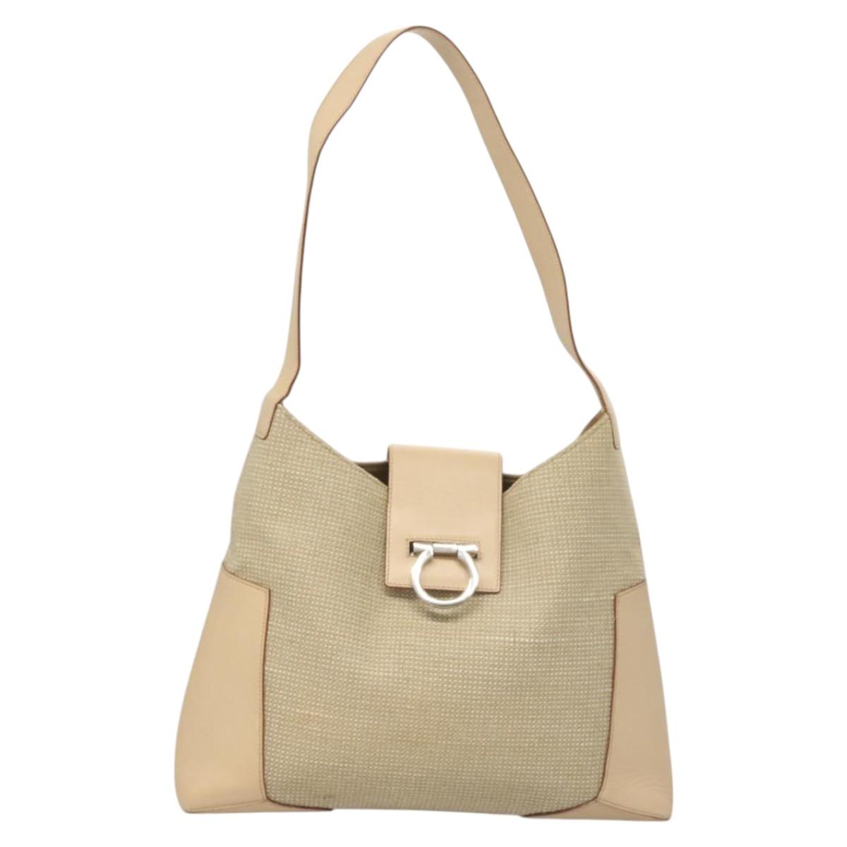 Salvatore Ferragamo Gancini Shoulder Bag Canvas Leather Beige Auth 120194