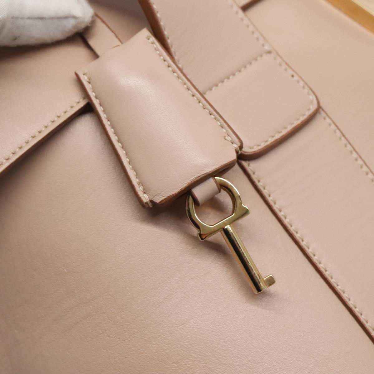 Salvatore Ferragamo Gancini Hand Bag Leather Beige Gold Auth 120197