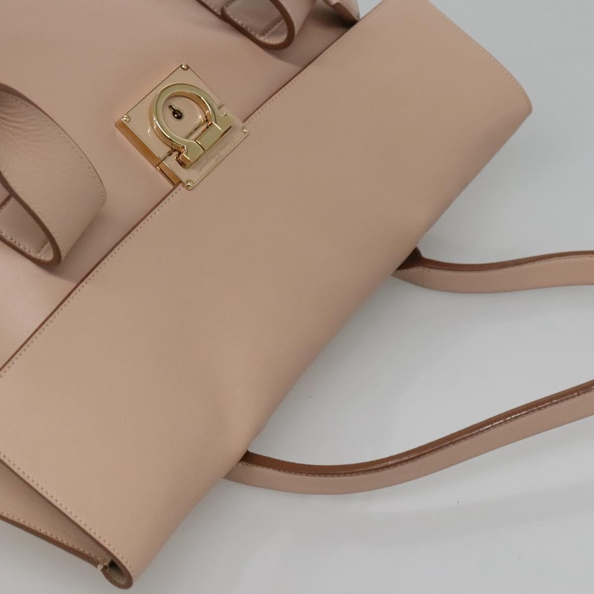 Salvatore Ferragamo Gancini Hand Bag Leather Beige Gold Auth 120197