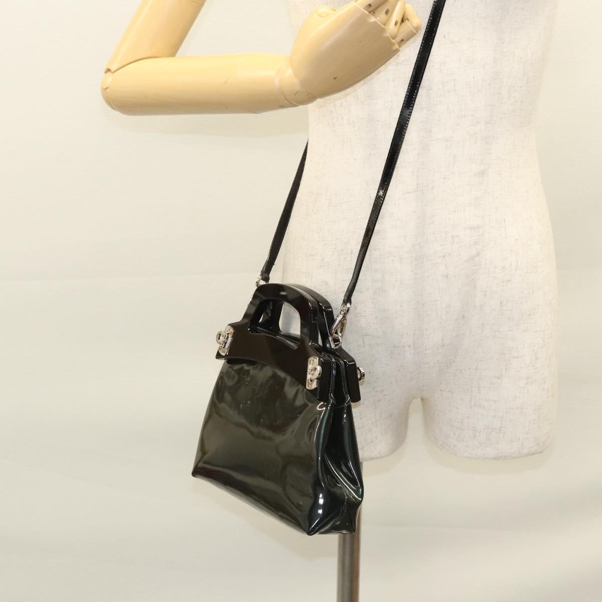 Salvatore Ferragamo Gancini Hand Bag Patent leather 2way Black Auth 120199