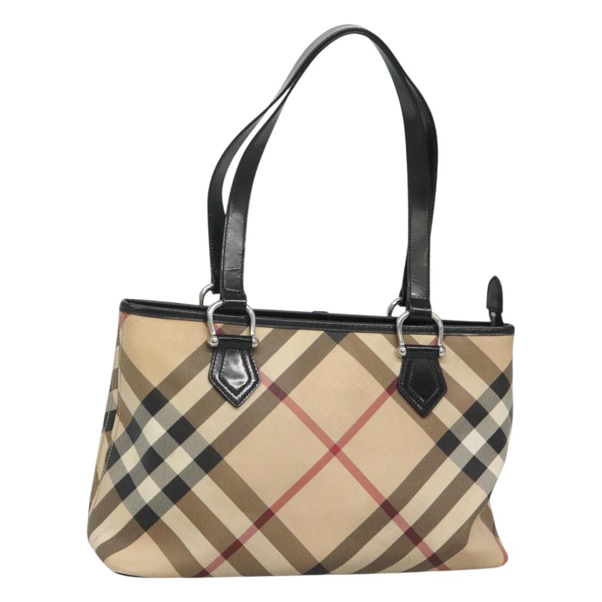 BURBERRY Nova Check Tote Bag PVC Beige Silver Auth 120217