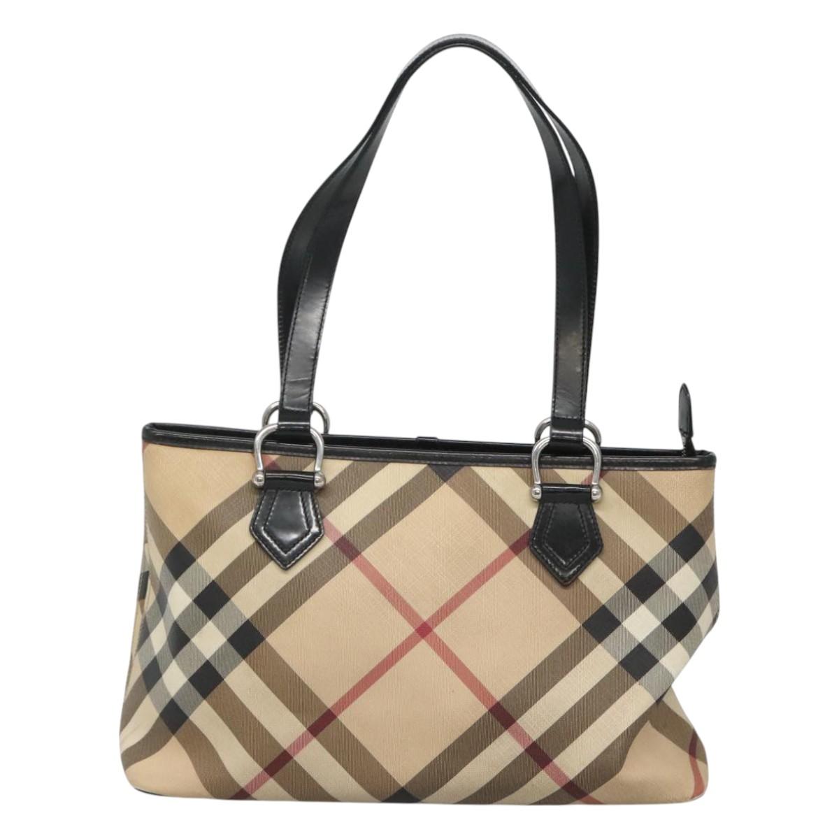 BURBERRY Nova Check Tote Bag PVC Beige Silver Auth 120217
