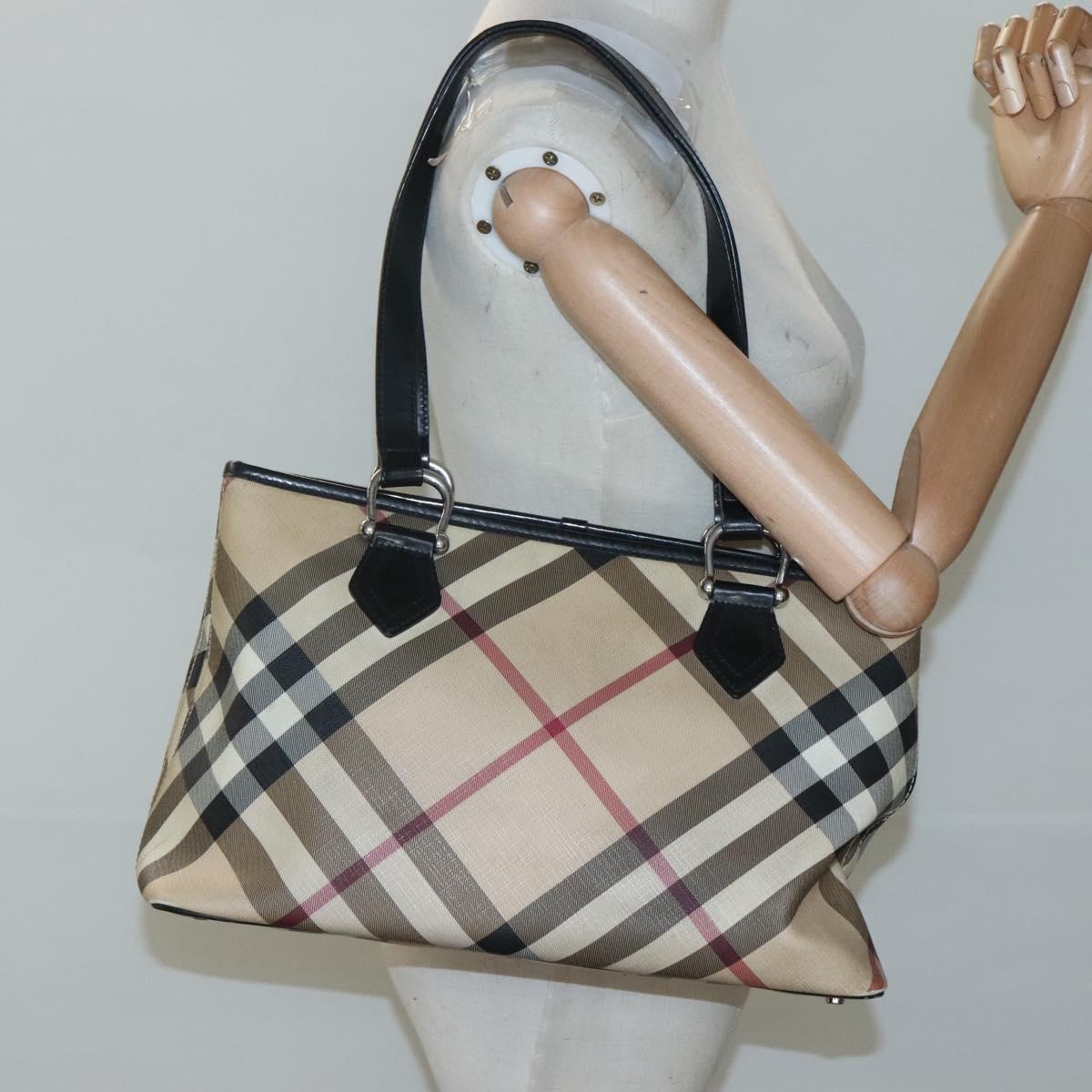BURBERRY Nova Check Tote Bag PVC Beige Silver Auth 120217