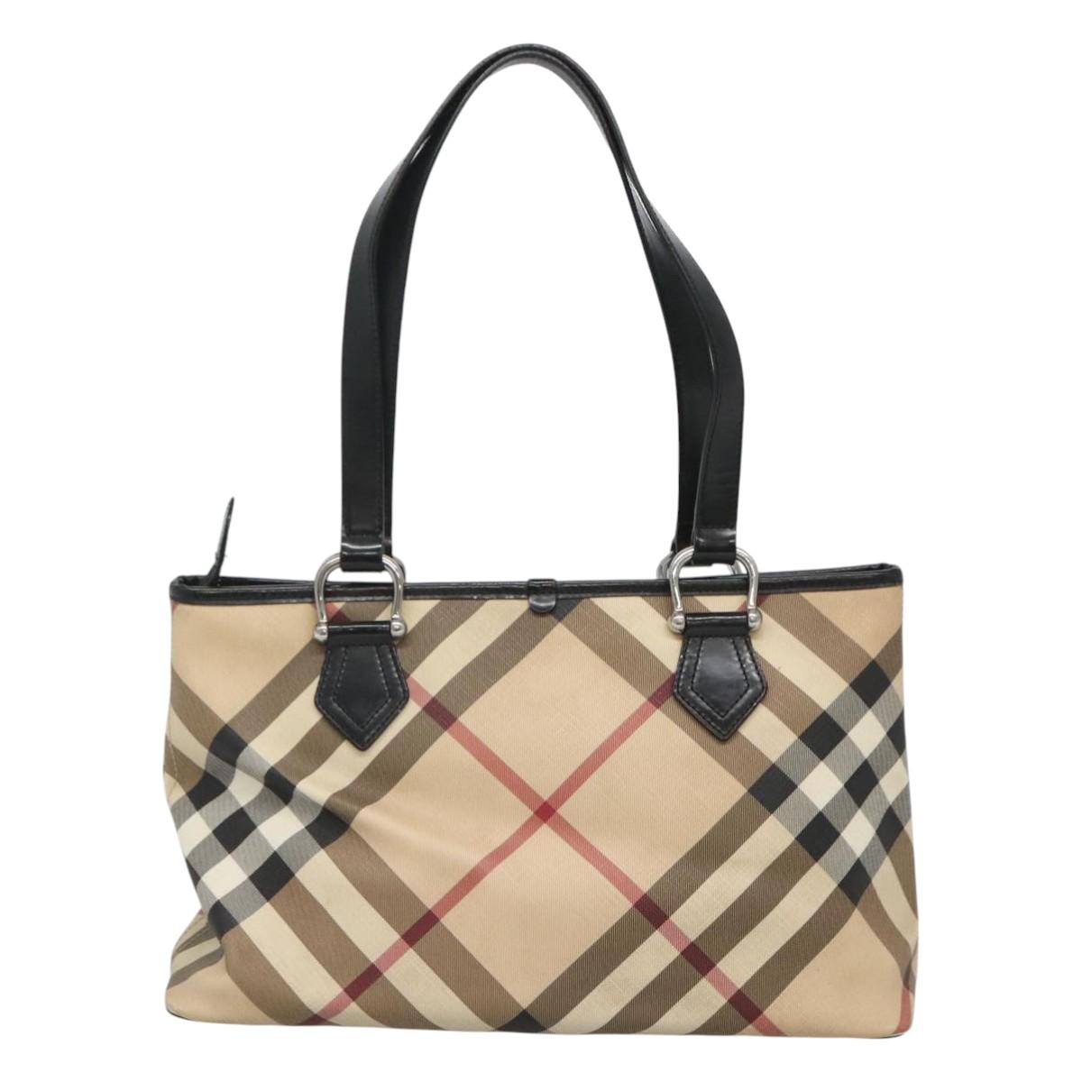 BURBERRY Nova Check Tote Bag PVC Beige Silver Auth 120217